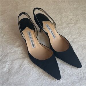 Manolo Blahnik Elegant Black Carolyn Peau de Soie Slingback Heels
